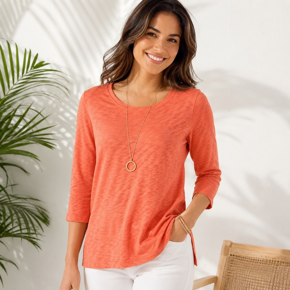 Chicos The Ultimate Tee Orange Coral Slub Knit 3/4 Sleeve Top Size 1 Medium